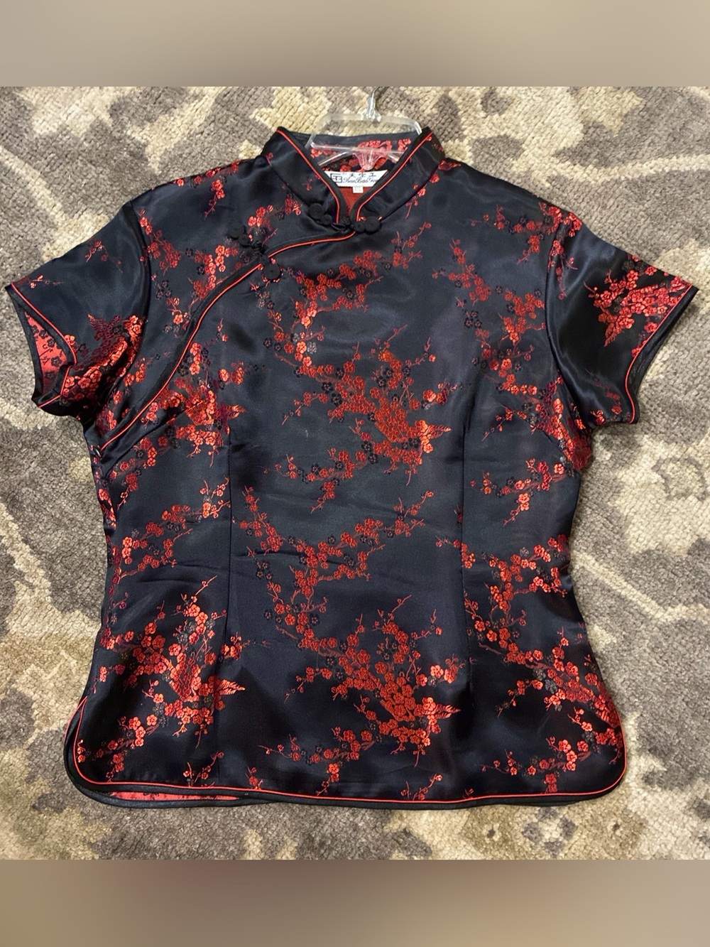 Vtg Tian Bao Gong Traditional Chinese Qipao Satin Cherry Blossom Top fits M/L